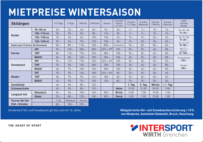 Mietpreisliste Wirth Sport Grenchen